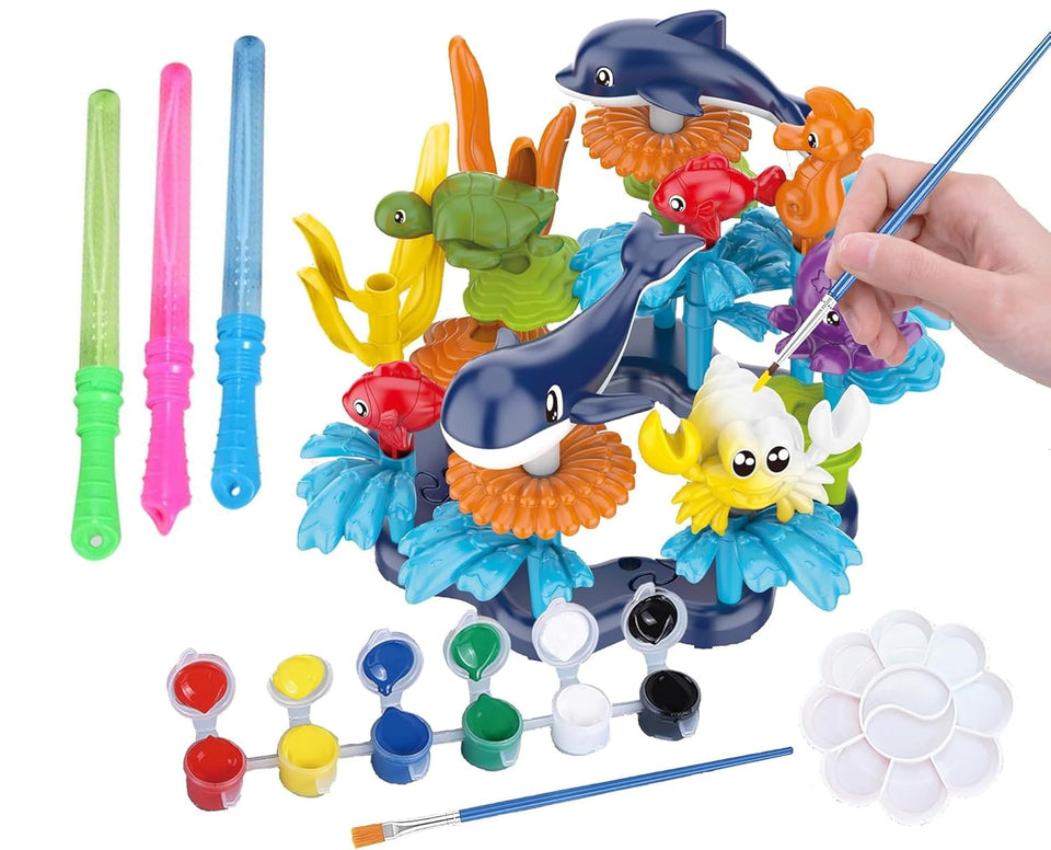 KC Republic Ocean Reef Sea Creatures 37pcs Water Washable Painting & Building Toy Set, Children's Activity Art Kit, Paint Your Own Buildable Ocean Reef Toy with Free Bubbles Wand Gift