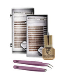 Eyebrow Extension Premium Kit with 2 Tray of Mink Eyebrows in Brown & Dark Brown, Comes on Mixed Length Trays 5-8 mm Mix, Brow Premium Glue Clear & Dual Pack (Straight & Curved Tip) Extension Tweezers