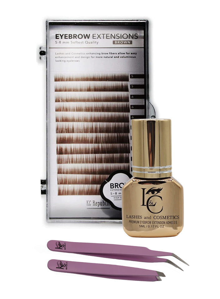 Eyebrow Extensions Premium Kit with 1 x Trays of Mink Eyebrows in Brown Comes on Mixed Length Trays 5-8 Mm Mix, Eyebrow Premium Glue Clear & Dual Pack (Straight & Curved Tip) Extension Tweezers