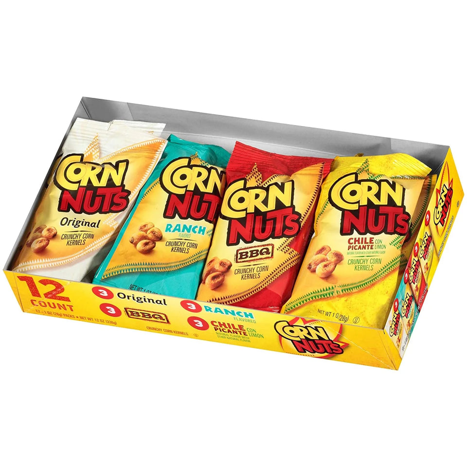 Corn Nuts Original, Ranch, BBQ, Chile Picante con Limon Crunchy Corn Kernels Variety Pack (12 Cases of 12 Bags)