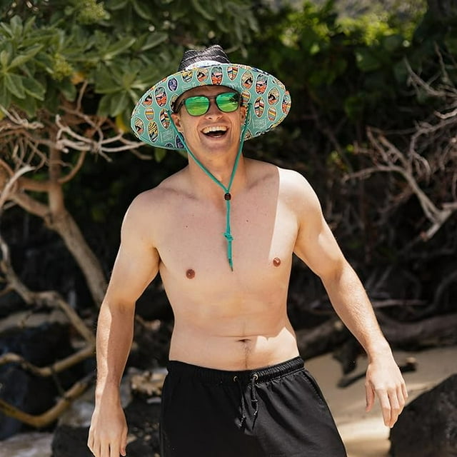 Surfboard Hat Fabric Pattern Print Straw Sunhat Men, Lifeguard Hat, Swim, Paddle Board, Boat, Fishing, Fits All Khaki