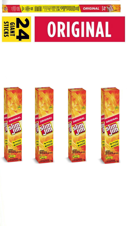 Slim Jim Giant Original Flavor Smoked Meat 24 Count 6g Protein Snack - 4 pack