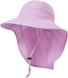 Kids Sun Hat for Boys Girls UPF 50+ UV Toddler Sun Protection with Neck Flap Adjustable Large Brim Beach Fishing Hat for Age 3-12 Violet