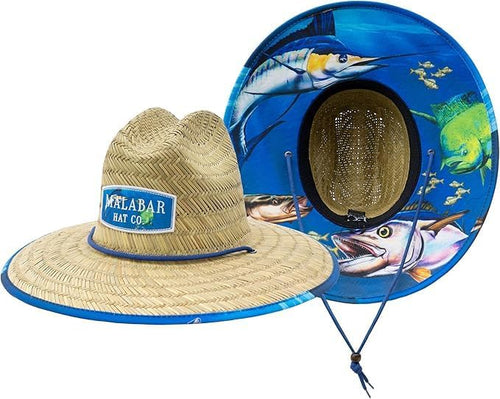 Malabar Hat Feeding Frenzy Fabric Pattern Print Straw Sunhat Men & Women, Lifeguard Hat, Swim, Paddle Board, Boat, Fishing, Fits All