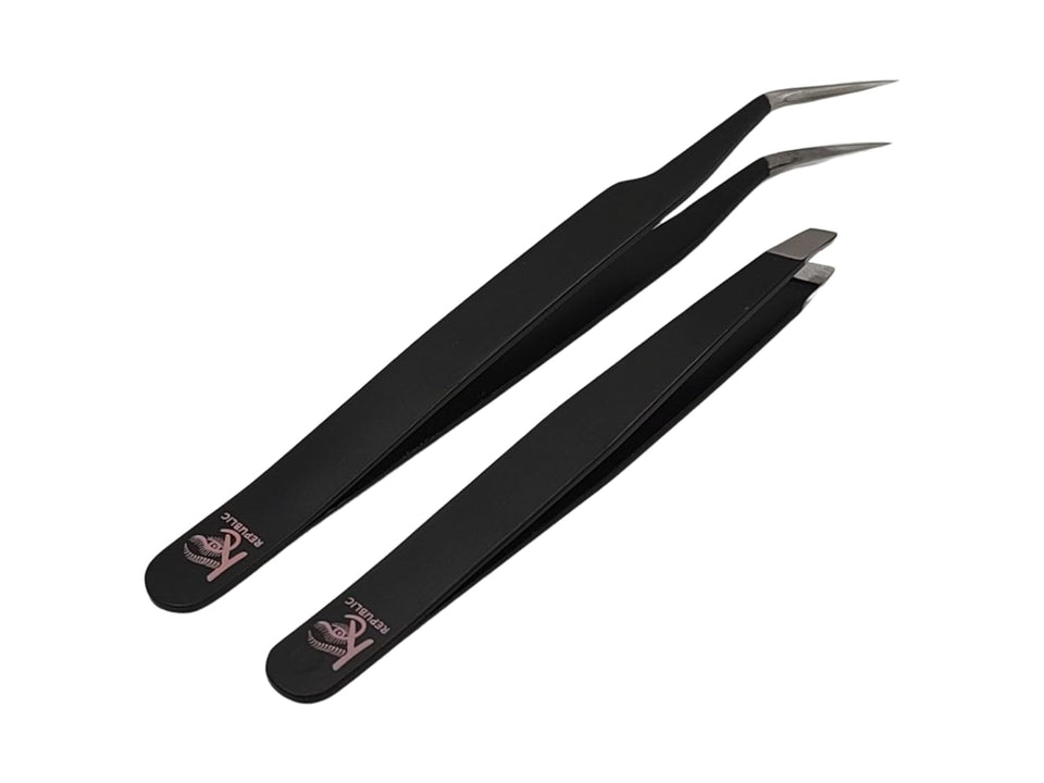 Eyebrow Extensions Premium Kit with 1 x Trays of Mink Eyebrows in Black Comes on Mixed Length Trays 5-8 mm Mix, Eyebrow Premium Glue Clear & Dual Pack (Straight & Curved Tip) Extension Tweezers
