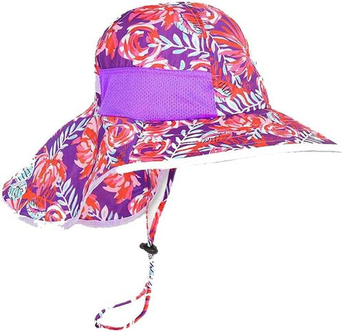 Kids Purple & red Hibiscus Sun Hat for Boys Girls UPF 50+ UV Toddler Sun Protection with Neck Flap Adjustable Large Brim Beach Fishing Hat for Age 3-12