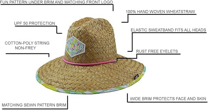 KC Republic Fabric Pattern Print Straw Kids Boys Sunhat, Ages 3+, Lifeguard Hat, Beach, Swim, Fishing, Fits All, Malabar Hat