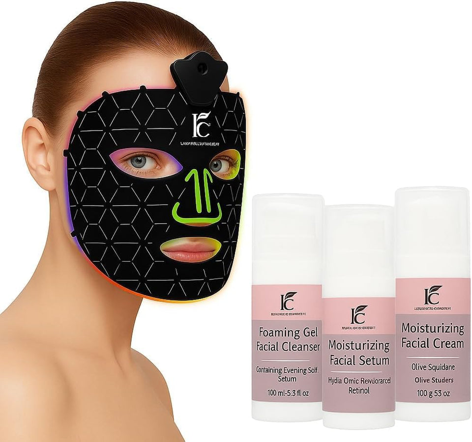 7 Color LED Therapy Face Mask with Pre Therapy and After Therapy Moisturizers, Red Light Silicone Face Mask Skin Care at Home with Eye Protection Cushion