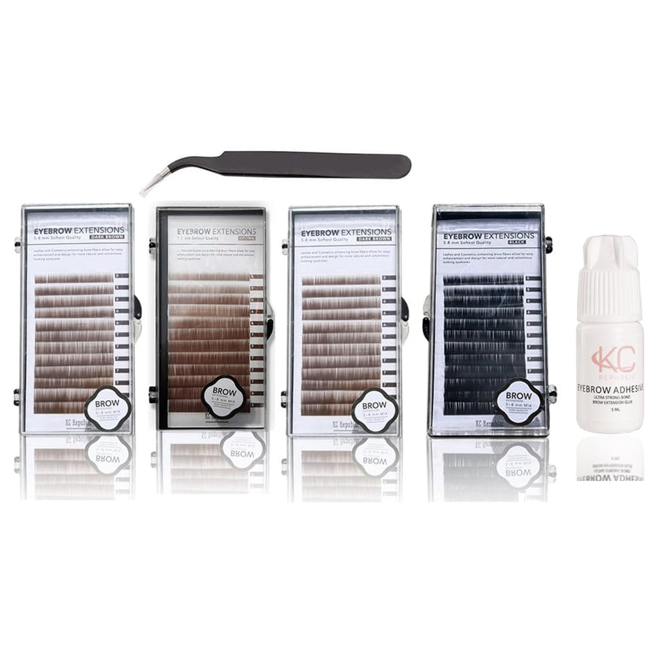 Eyebrow Extensions Kit with 4 Trays of Mink Eyebrows in 2 Dark Brown, Brown, Black, Comes on Mixed Length Trays 5-8 Mm Mix, Eyebrow Extension Glue & Extension Tweezers