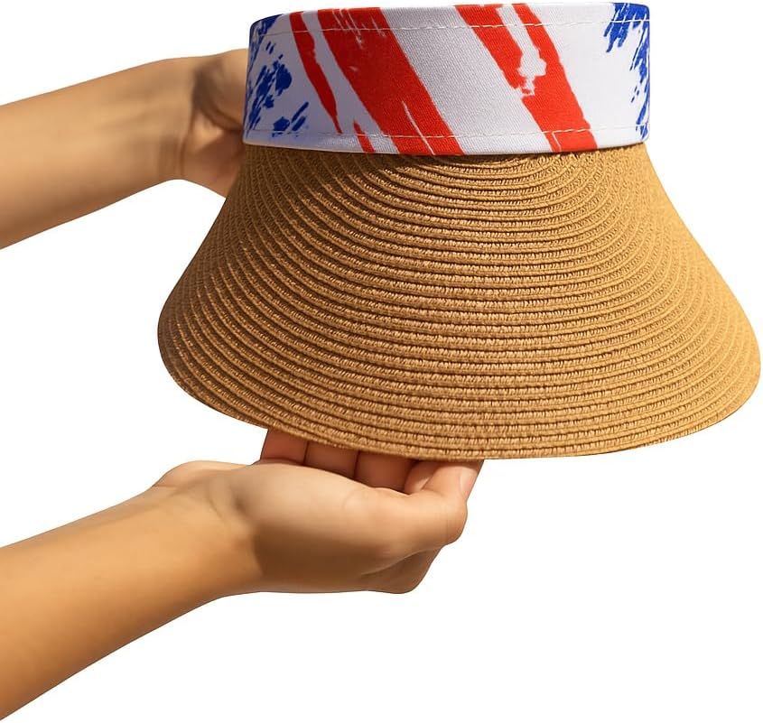 Women's Wide Brim Straw Visor Hat with Printed hat Band