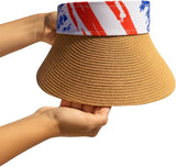 Women's Wide Brim Straw Visor Hat with Printed hat Band