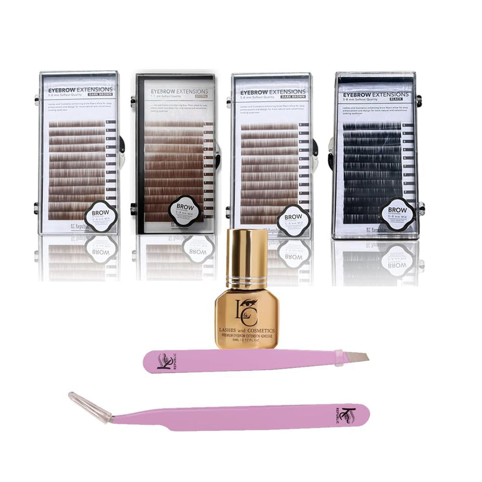 Eyebrow Extensions Premium Kit with 4 Trays of Mink Eyebrows in 2 Dark Brown, Brown, Black, Comes on Mixed Length Trays 5-8 Mm Mix, Eyebrow Premium Glue & Extension Tweezers