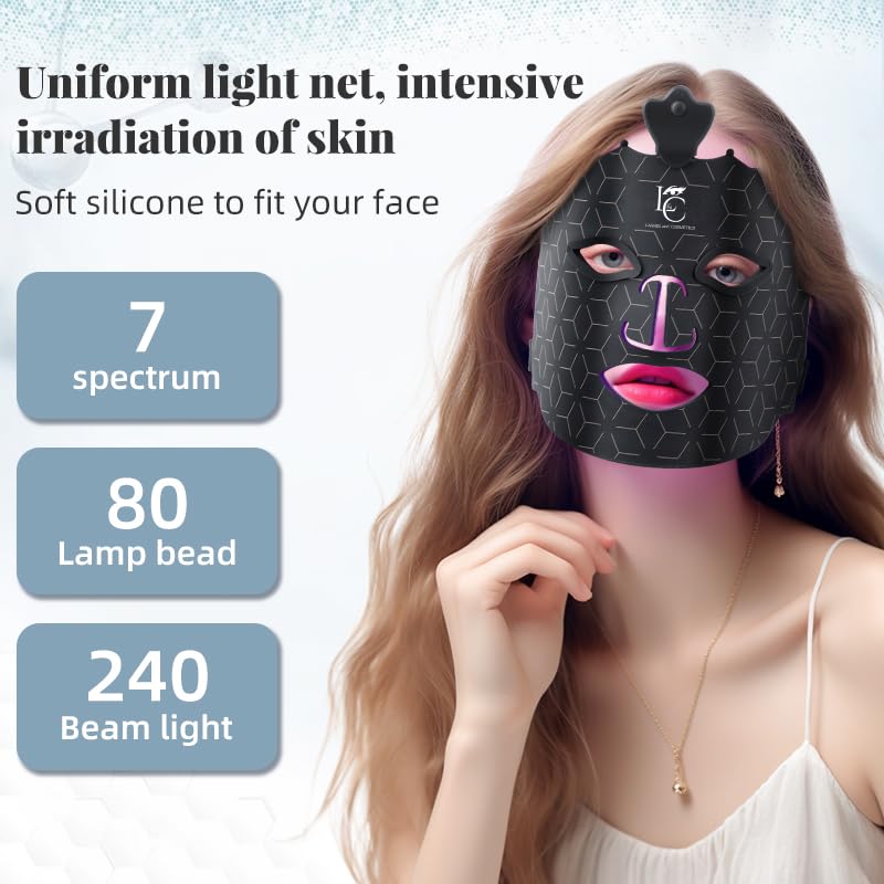 7 Color LED Therapy Face Mask with Pre Therapy and After Therapy Moisturizers, Red Light Silicone Face Mask Skin Care at Home with Eye Protection Cushion