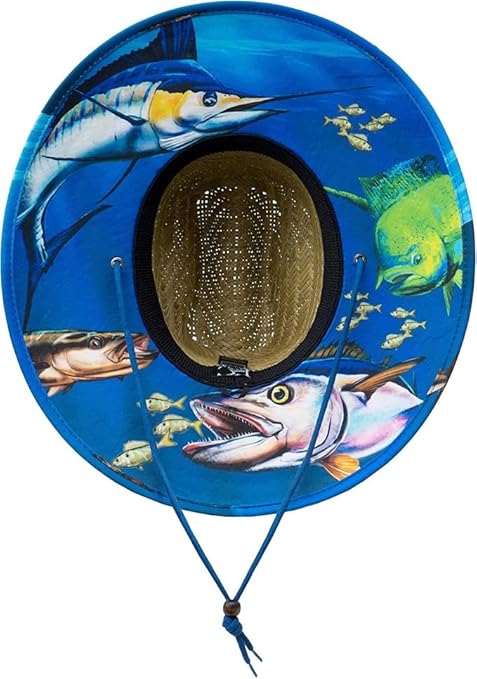 Malabar Hat Feeding Frenzy Fabric Pattern Print Straw Sunhat Men & Women, Lifeguard Hat, Swim, Paddle Board, Boat, Fishing, Fits All
