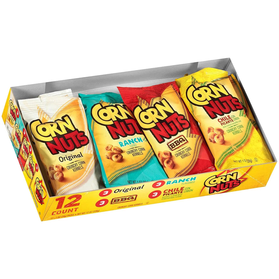 Corn Nuts Original, Ranch, BBQ, Chile Picante con Limon Crunchy Corn Kernels Variety Pack (12 Cases of 12 Bags)