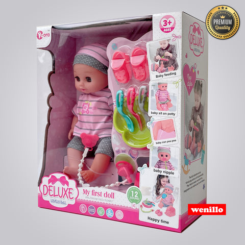 Deluxe Lovely Baby Doll with Feeding and Pee Function, 12 Sounds, and Accessories for Kids, 3+ Ages