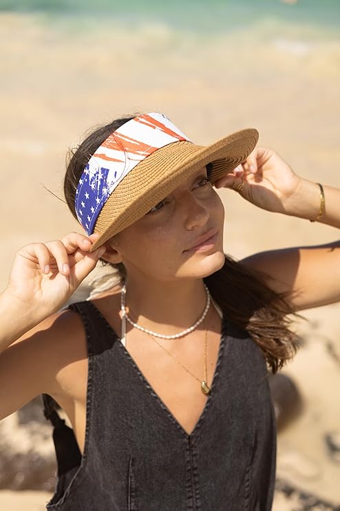 Women's Wide Brim Straw Visor Hat with Printed hat Band