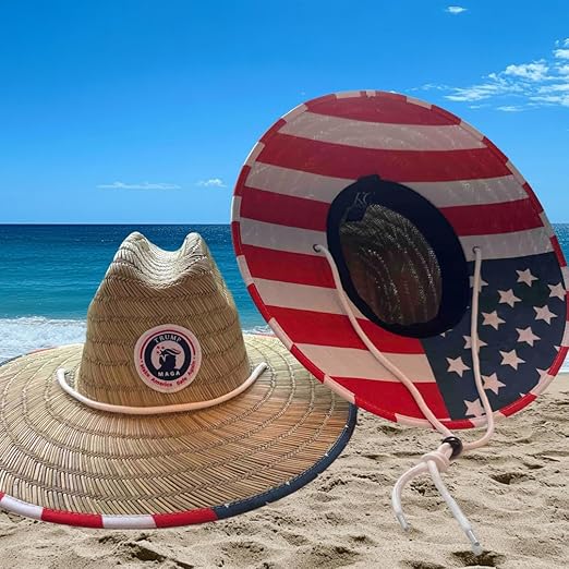 American Flag Fabric Pattern Print Straw Sunhat Men & Women, Lifeguard Hat, Beach, Swim, Cruise, Paddle Board, Boat, Fishing
