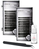 Eyebrow Extensions Kit with 2 Trays of Mink Eyebrows in Black, Eyebrow Extension Glue Clear & Extension Tweezers, Comes on Mixed Length Trays 5-8 mm Mix by KC Republic (Black 2-Pack, Black Tweezer)