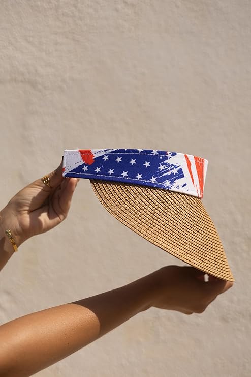 Women's Wide Brim Straw Visor Hat with Printed hat Band
