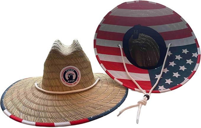 American Flag Fabric Pattern Print Straw Sunhat Men & Women, Lifeguard Hat, Beach, Swim, Cruise, Paddle Board, Boat, Fishing