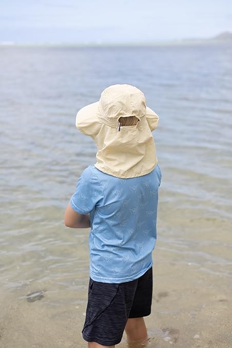 Kids Sun Hat for Boys Girls UPF 50+ UV Toddler Sun Protection with Neck Flap Adjustable Large Brim Beach Fishing Hat for Age 3-12 Off-White