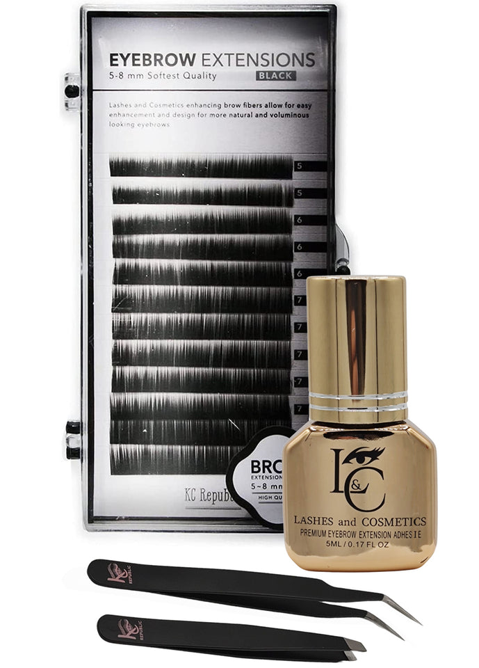 Eyebrow Extensions Premium Kit with 1 x Trays of Mink Eyebrows in Black Comes on Mixed Length Trays 5-8 mm Mix, Eyebrow Premium Glue Clear & Dual Pack (Straight & Curved Tip) Extension Tweezers
