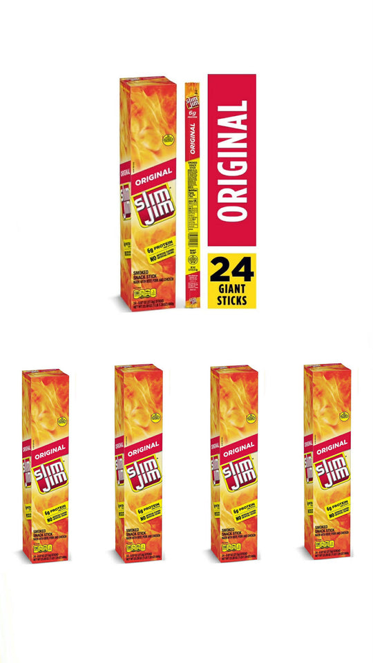 Slim Jim Giant Original Flavor Smoked Meat 24 Count 6g Protein Snack - 4 pack