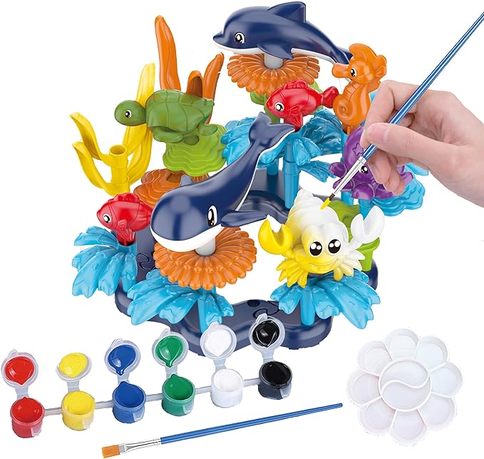 KC Republic Ocean Reef Sea Creatures 37pcs Water Washable Painting & Building Toy Set, Children's Activity Art Kit, Paint Your Own Buildable Ocean Reef Toy with Free Stress Reducing Keychain Gift