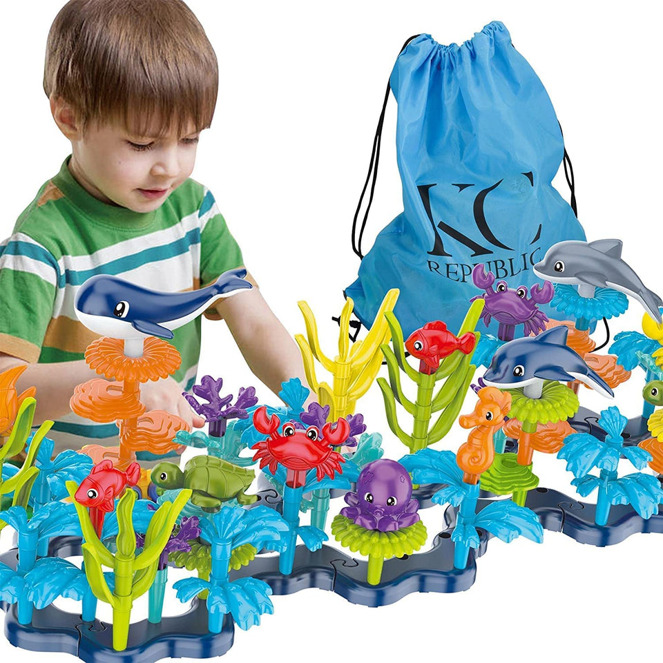KC Republic 37 Pcs Water Washable Painting & Building Toy Set + 58 pcs Learning STEM Explorers Geomakers for Toddlers and Kids Age 3+ Boys and Girls Stacking Reef Garden Building STEM Toy
