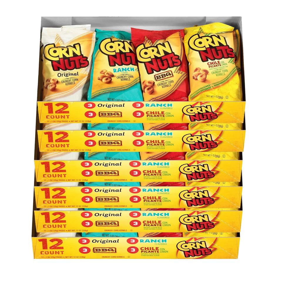 Corn Nuts Original, Ranch, BBQ, Chile Picante con Limon Crunchy Corn Kernels Variety Pack (12 Cases of 12 Bags)