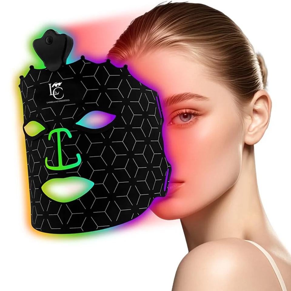 7 Color LED Therapy Face Mask with Pre Therapy and After Therapy Moisturizers, Red Light Silicone Face Mask Skin Care at Home with Eye Protection Cushion
