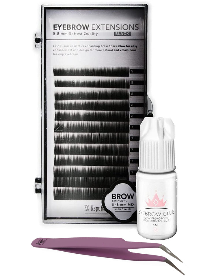 Eyebrow Extensions Kit with 1 x Trays of Mink Eyebrows in Black Comes on Mixed Length Trays 5-8 Mm Mix, Eyebrow Extension Glue Clear & Extension Tweezers by Kc Republic (Black, Violet Tweezer)