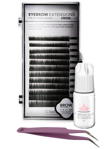 Eyebrow Extensions Kit with 1 x Trays of Mink Eyebrows in Black Comes on Mixed Length Trays 5-8 Mm Mix, Eyebrow Extension Glue Clear & Extension Tweezers by Kc Republic (Black, Violet Tweezer)