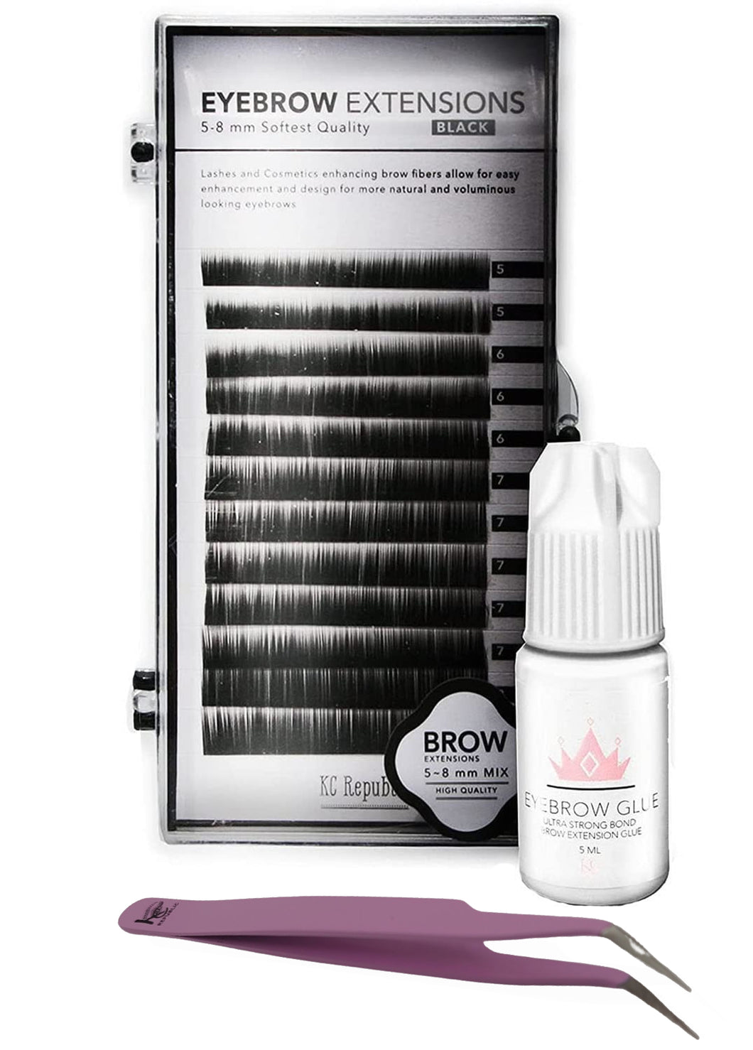 Eyebrow Extensions Kit with 1 x Trays of Mink Eyebrows in Black Comes on Mixed Length Trays 5-8 Mm Mix, Eyebrow Extension Glue Clear & Extension Tweezers by Kc Republic (Black, Violet Tweezer)