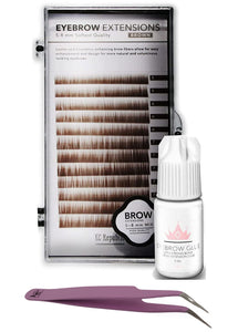 Eyebrow Extensions Kit with 1 x Trays of Mink Eyebrows in Brown Comes on Mixed Length Trays 5-8 Mm Mix, Eyebrow Extension Glue Clear & Extension Tweezers by Kc Republic (Brown, Violet Tweezer)