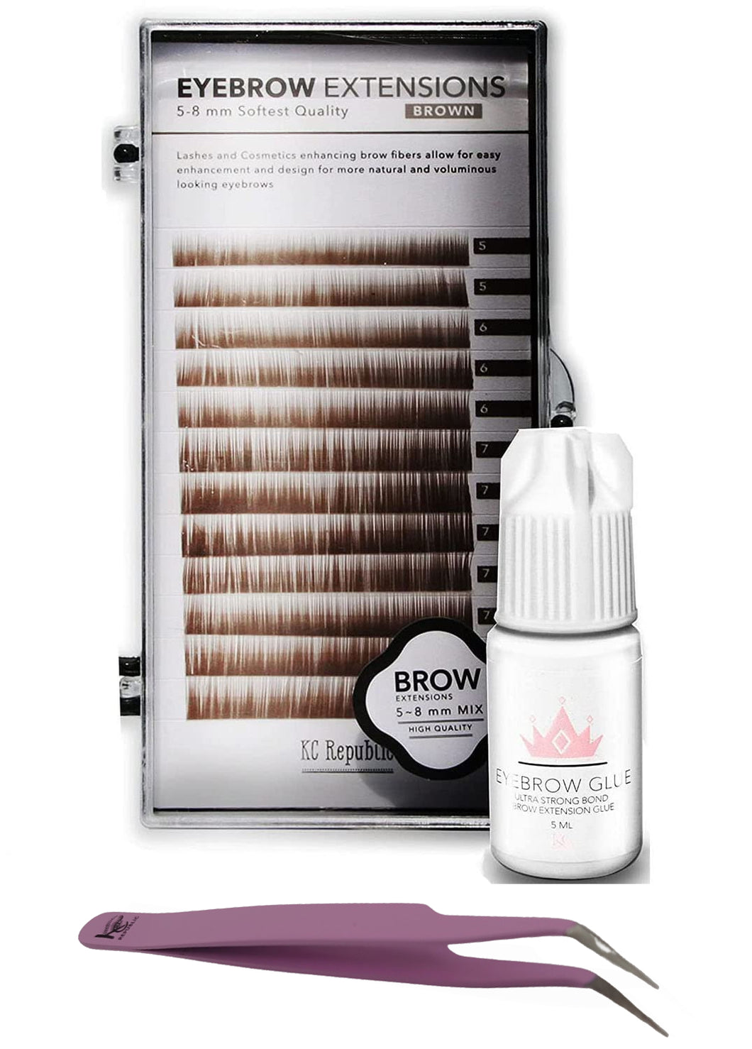 Eyebrow Extensions Kit with 1 x Trays of Mink Eyebrows in Brown Comes on Mixed Length Trays 5-8 Mm Mix, Eyebrow Extension Glue Clear & Extension Tweezers by Kc Republic (Brown, Violet Tweezer)
