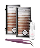 Eyebrow Extensions Kit with 2 Trays of Mink Eyebrows in Blonde/Light Brown, Eyebrow Glue Clear & Extension Tweezers, Comes on Mixed Length Trays 5-8 mm Mix (Light Brown 2-Pack, Violet Tweezer)