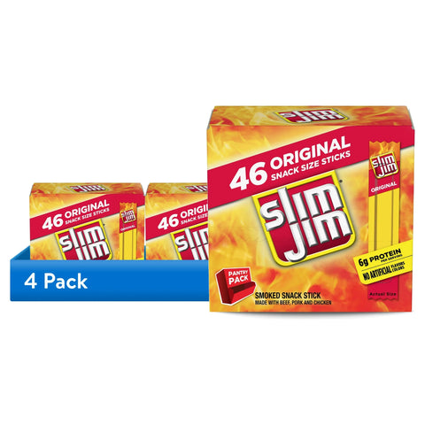 (4 pack) Slim Jim Smoked Meat Sticks, Original Flavor, 6g Protein Per Serving, Snack Size, 0.28 oz. (46 Count)