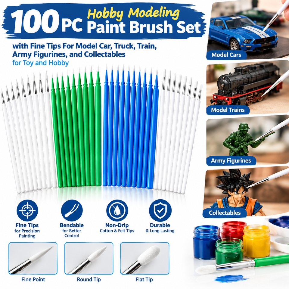 Precision Hobby Painting Brushes, Detail Paint Applicator Brushes for Crafts, Models, Miniatures and DIY Projects, 100 Pieces