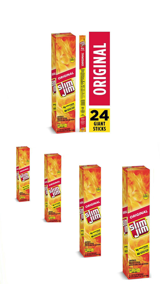 Slim Jim Giant Original Flavor Smoked Meat 24 Count 6g Protein Snack - 4 pack