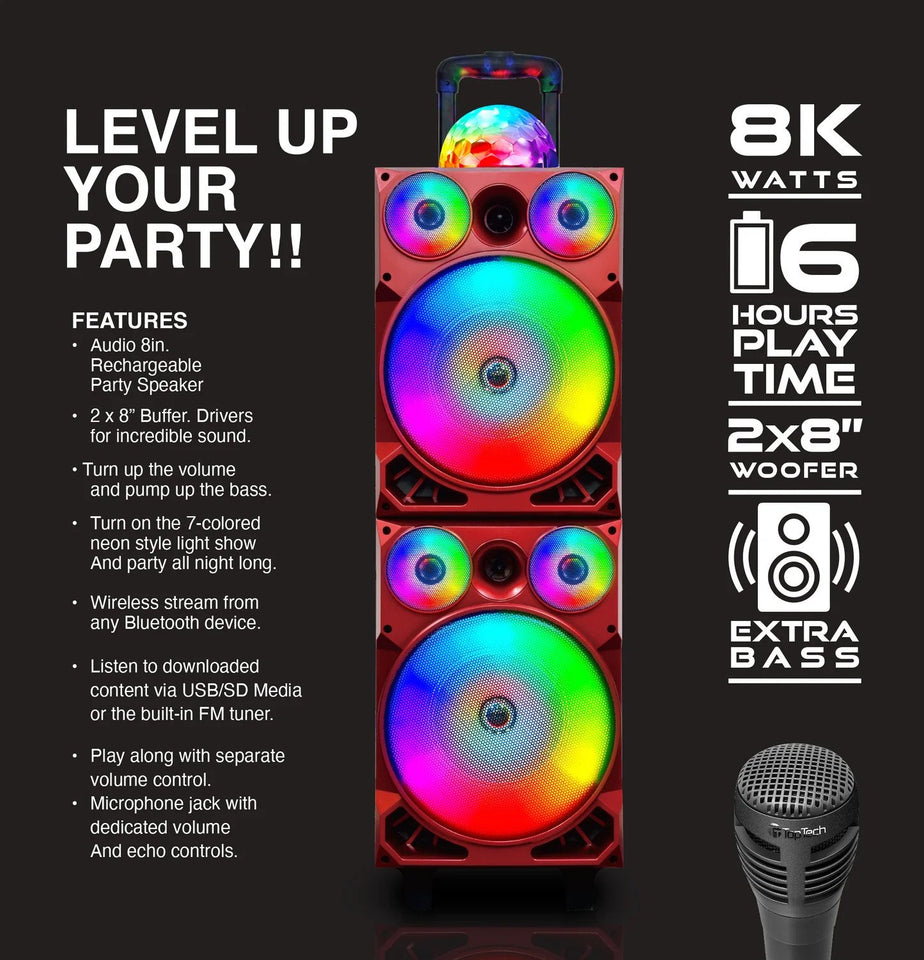 Top Tech Audio Spark-208 Bluetooth Speaker | Dual 8 Inch LED Rechargeable Wireless Portable Speaker Sound System with Microphone and Disco Ball | Includes Handle & Wheels for Easy Transport (Grey)