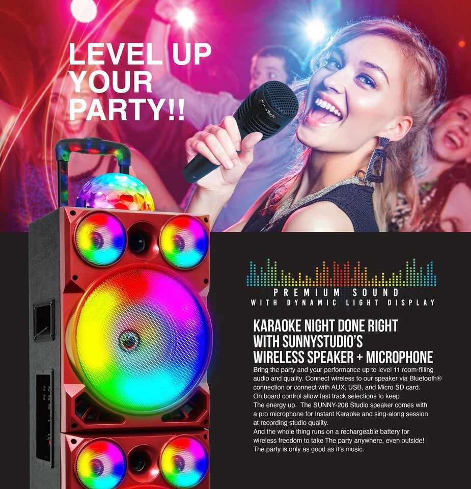 Top Tech Audio Spark-208 Bluetooth Speaker | Dual 8 Inch LED Rechargeable Wireless Portable Speaker Sound System with Microphone and Disco Ball | Includes Handle & Wheels for Easy Transport (Grey)