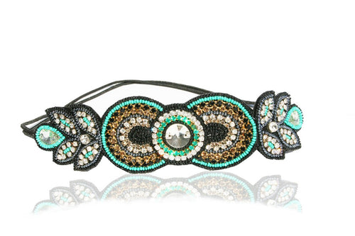 Great Gatsby Headband Peacock Blue with Diamonds Gatsby Flapper 1920's Rhinestone and Beaded Headband. Adjustable Band to Fit Any Head.