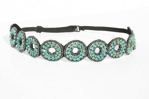 Blue Circle Rhinestone Diamond Adjustable Headband Elastic Vintage Gatsby 1920's style