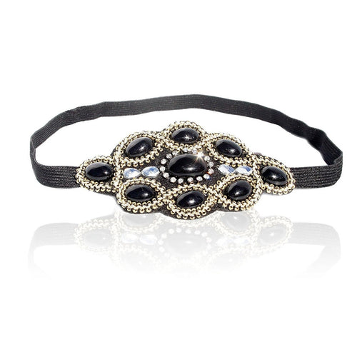 KC Republic Womens Fashion Headband, Beautiful Black Stone Gatsby Flapper 1920's Rhinestone Headband with Ribbon Ties Band