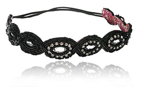 Beautiful Black with Diamond Accent Gatsby Flapper 1920's Rhinestone and Beaded Headband. Adjustable Band to Fit Any Head