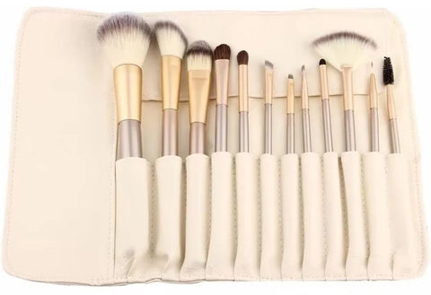 12 Pieces Makeup Brushes Set White With Leather Bag