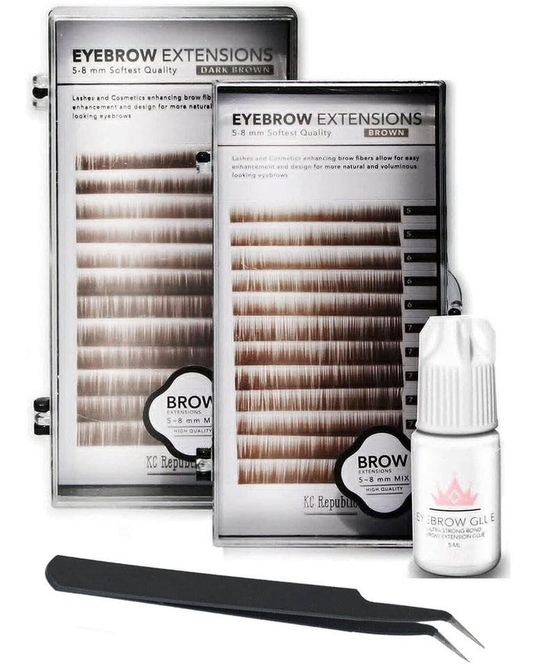 Eyebrow Extensions Kit with 2 Trays of Mink Eyebrows in Brown and Dark Brown, Eyebrow Extension Glue Clear & Extension Tweezers, Comes on Mixed Length Trays 5-8 Mm Mix by Kc Republic (Brown & Dark Brown, Black Tweezer)