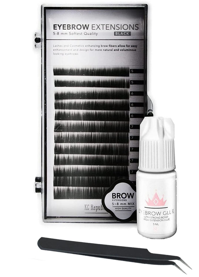Eyebrow Extensions Kit with 1 x Trays of Mink Eyebrows in Black Comes on Mixed Length Trays 5-8 Mm Mix, Eyebrow Extension Glue Clear & Extension Tweezers (Black Eyebrow, Black Tweezer)